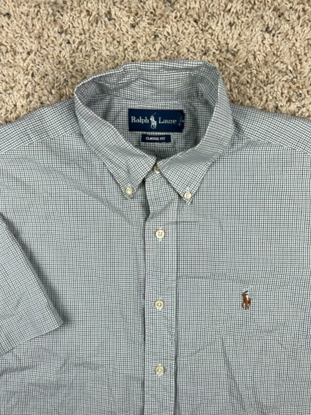 Ralph Lauren Mens Sz Large Green White Purple Check Classic Fit Shirt w Pony